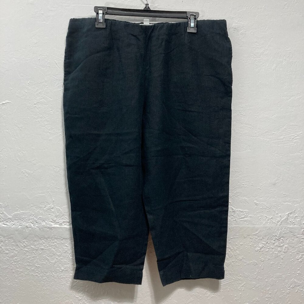 J Jill Love Linen Pants Linen Pull On Elastic Waist Wide Leg Pockets Black L